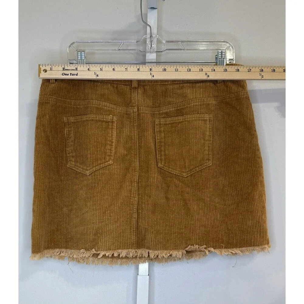 Mittoshop Corduroy Mini Skirt Womens L Brown Tan 100% Cotton Pockets Raw Hem Y2K